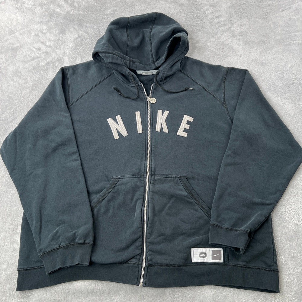 Nike Hoodie XL Vintage Y2K Full Zip Spellout Faded Black Silver Tag Streetwear